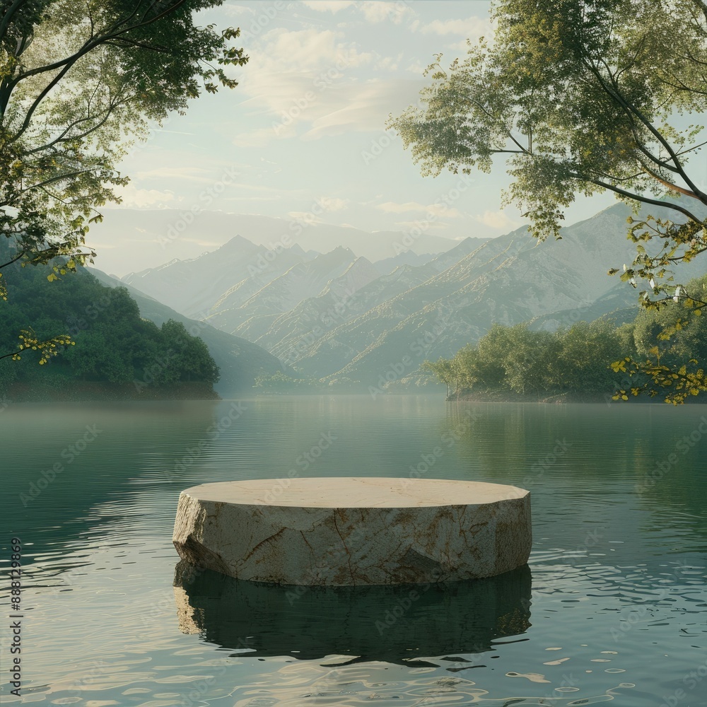 Aufkleber the morning sun casts a soft glow over a serene lake with a stone pedestal display on the water. the