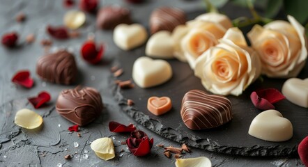 Romantic Chocolate Heart Candies With Roses and Petals on a Slate Tabletop