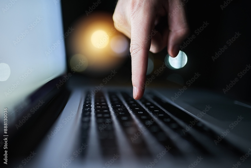 Poster hacker, night and finger of person on computer for malware virus, online banking fraud and identity 
