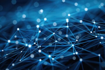 Visualization of interconnected network data processing and geometric patterns on blue background