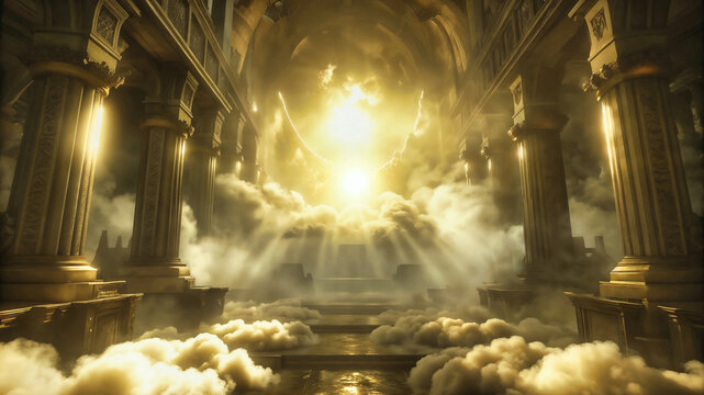 Celestial Sanctuary with tall golden pillars environment with clouds and fog effects illustration