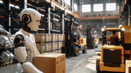 Strong humanoid diligently working in warehouse carefully lifting boxes dexterity and precision. Concepts robot's ability to perform physically demanding tasks in potentially hazardous environments