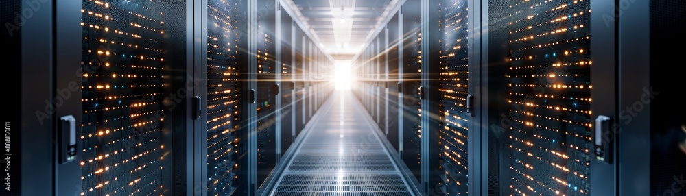 Poster modern data center aisle with server racks on both sides and bright light at the end, symbolizing te