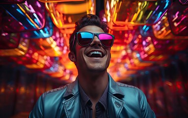 Obraz premium Handsome man in colorful sunglasses with smile attractive portrait in neon tunnel background scene