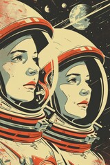 The painting depicts two astronauts wearing helmets on an alien planet, created using generative stock