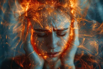 Female stressed and worried with migraine headache pain. Asian Chinese / Caucasian.