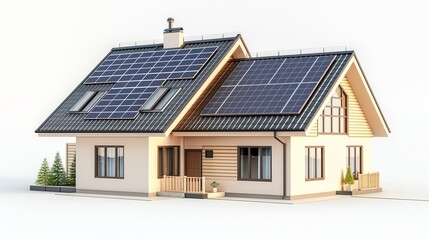 Solar-paneled house in 3D, focused and well-lit, presented on a white background.
