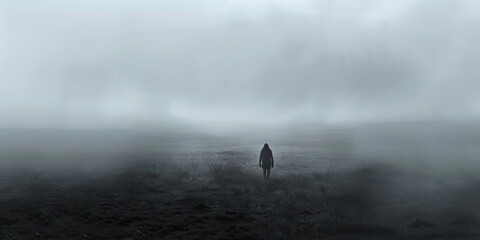 The Lost Vision: A misty landscape obscures the once grand view, as a solitary figure struggles to find their way.