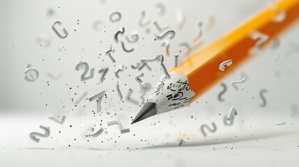 A close-up of a pencil with letters and numbers exploding from the tip.