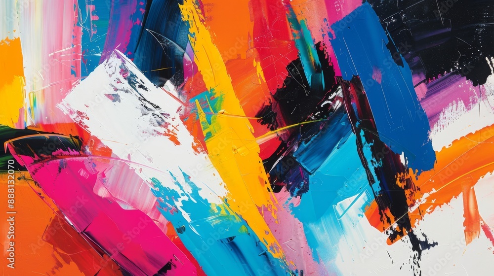 Poster a vibrant abstract painting with bold brush strokes and splashes of color.
