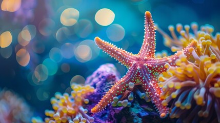 Starfish Resting on Coral Reef in Blue Water