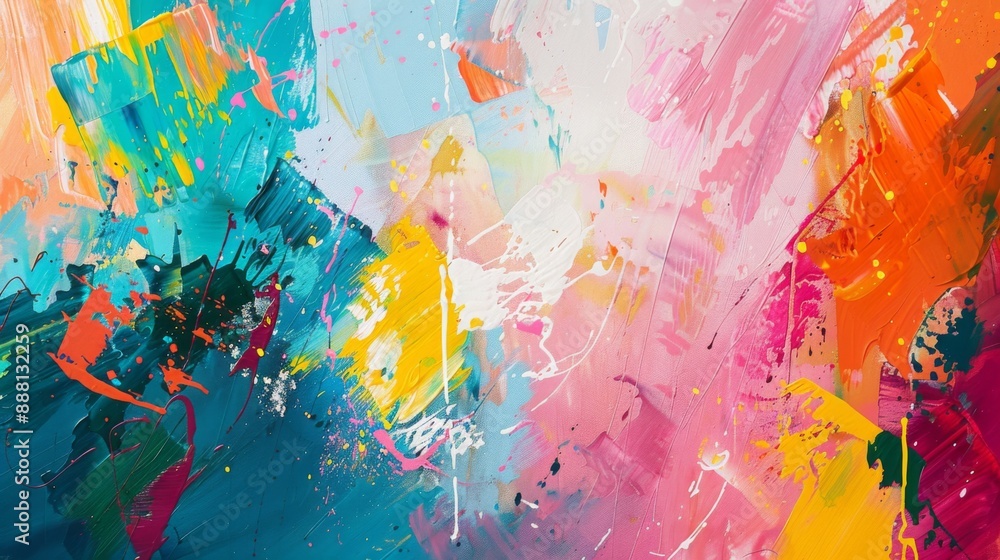 Poster a vibrant abstract painting with bold brush strokes and splashes of color.
