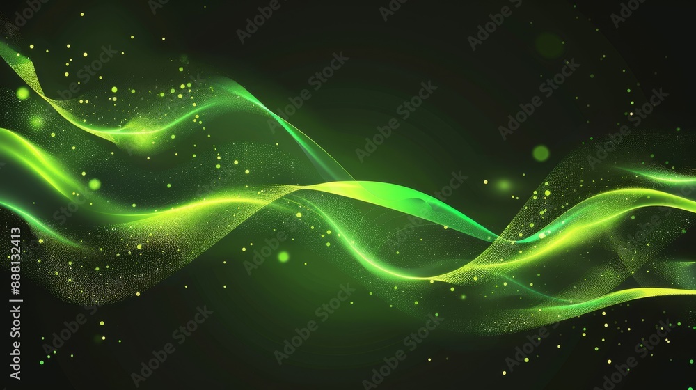Poster an abstract black background with glowing green neon waves and a data transfer concept. this is an e