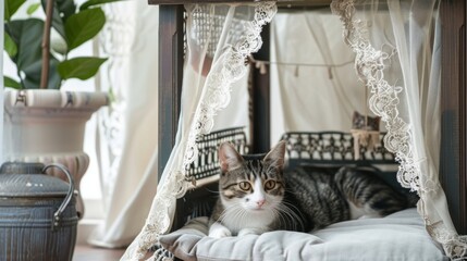A vintage-style cat house with lace curtains and a comfortable cushion inside.