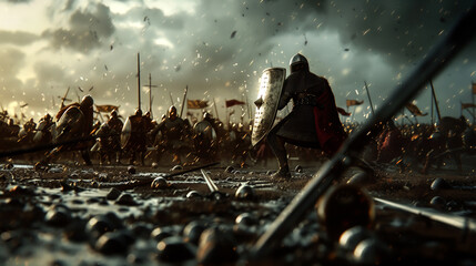 Epic medieval battle scene with armored knights clashing on a battlefield, dramatic sky in the background. Intense, cinematic, historical warfare. high quality