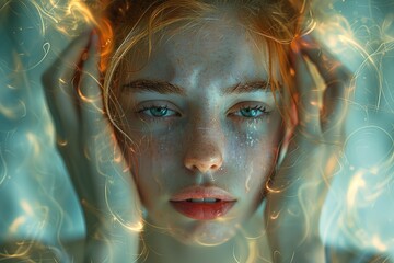 Female stressed and worried with migraine headache pain. Asian Chinese / Caucasian.