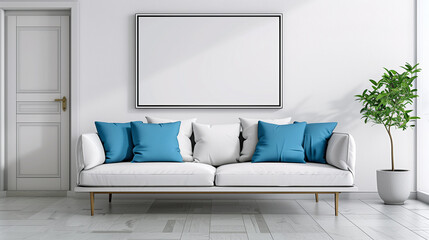 Minimalist living room with blue accents. A sleek white sofa with blue cushions is flanked by potted plants. Large window and blank wall frame complete the modern, bright look.