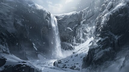 A powerful waterfall cascading down a cliff in a cold mountain region, with snow and ice.