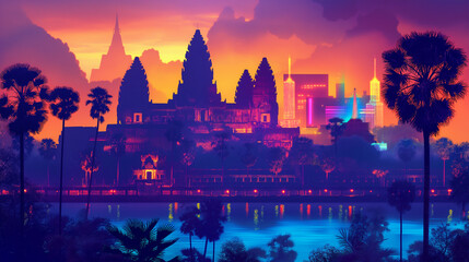 Naklejka premium The colorful of Angkor Wat, Cambodia isolation background, Illustration