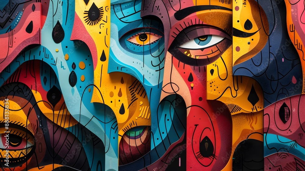 Poster captivating psychedelic mural with expressive surreal faces and vibrant colorful patterns