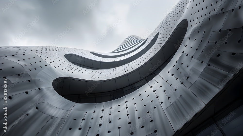 Poster striking futuristic architecture with flowing organic curves and minimal geometric patterns