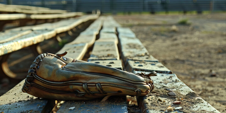 The Empty Promises: An abandoned baseball field, rows of empty bleachers, and a worn-out glove.