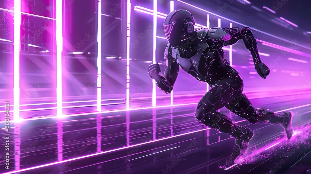 Poster the background consists of a neon-illuminated robotic figure running