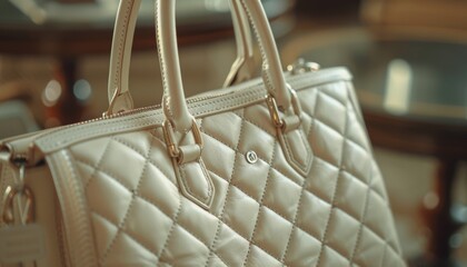 Close Up Of A Quilted Beige Leather Handbag With Gold Hardware