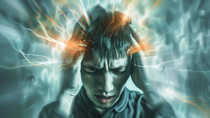 Brain diseases problem cause chronic severe headache migraine. Male adult look tired and stressed