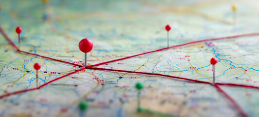 Find your way. Location marking with a pin on a map with routes. Adventure, discovery, navigation, communication, logistics, geography, transport and travel theme concept background. © Tryfonov