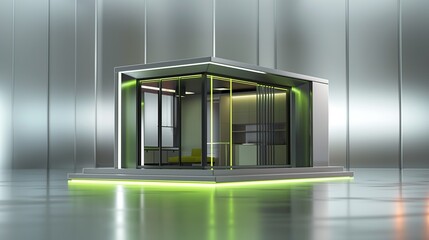 Silver background with a modern villa in neon green light, dynamic angle.