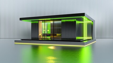 Neon green-lit tiny modern villa showcased dynamically against silver.