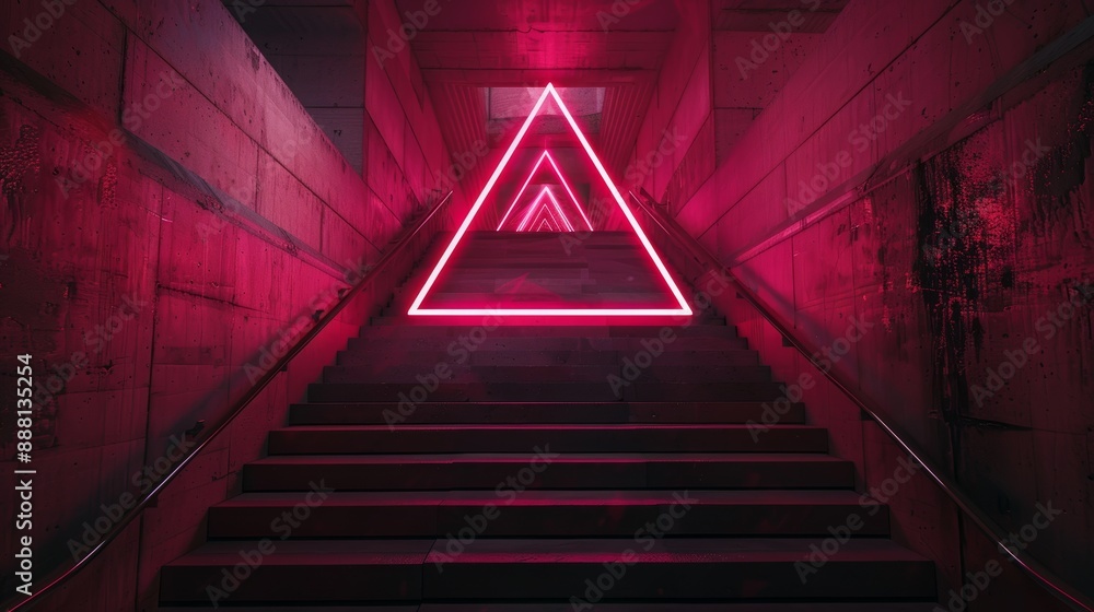 Poster neon-lit stairs with a glowing red triangle symbol, creating a futuristic or cyberpunk atmosphere.