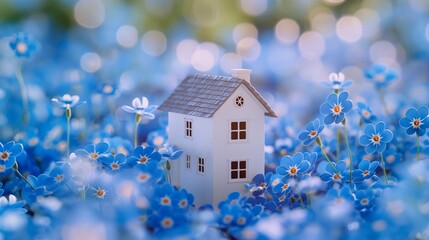 Glass mini house with digital financial charts scrolling, showing real estate growth.