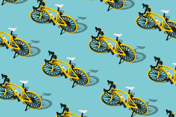 Fototapeta premium Trendy sport pattern made of yellow bicycle on pastel blue background. Minimal bicycling concept. Creative sport bike pattern backdrop idea.