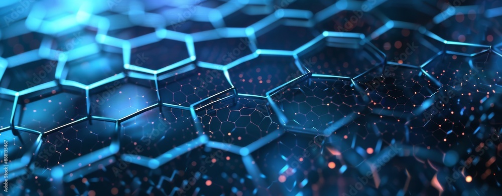 Poster bokeh background with blue hexagons in an abstract modern style