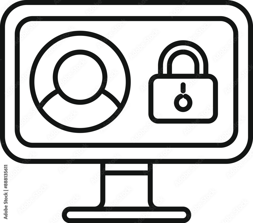 Poster line drawing of a computer monitor displaying a user profile icon and a padlock, representing online