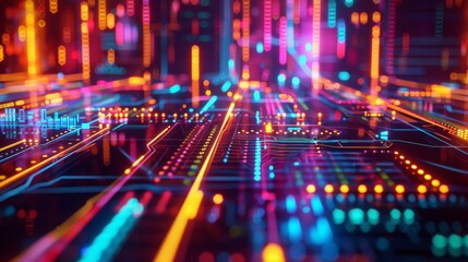Fototapeta premium A floating graphics card with neon circuits and glowing components against a dark futuristic background