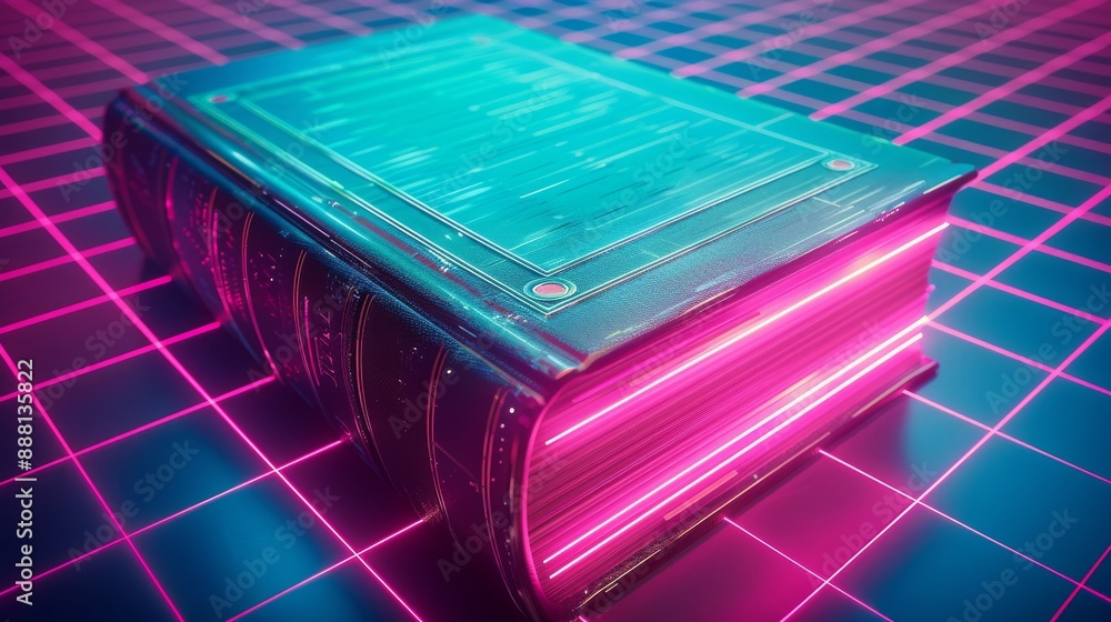 Poster this retro futurism image features a glowing book seated on a reflective surface in front of a grid 