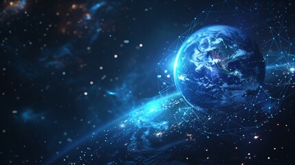 Obraz premium An abstract digital art of a glowing blue planet in space surrounded by energy waves and stars. Ideal for sci-fi themes, digital artwork, or content related to space.