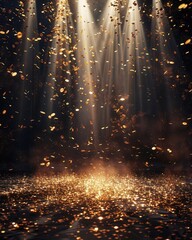 Golden confetti rain on festive stage, light beam in center, empty room, night setting, vibrant glow, mockup for award ceremony, jubilee, New Years party, product presentations