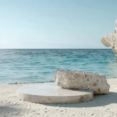 A summer day at the beach with clear tropical waters and soft sand. An abstract stone podium provides a modern touch to the scene.