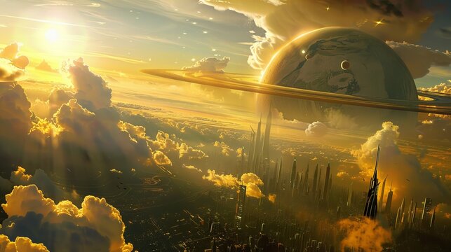 The City of Tomorrow is a spectacular futuristic city with stunning skyscrapers, dramatic lighting, and bedazzling planetary rings