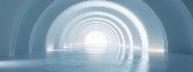 Designed with clean lines and modern design, this futuristic, bright white tunnel glows with a sci-fi feel.