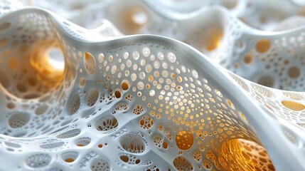 Abstract macro shot highlighting intricate organic forms and patterns in a white and orange color palette, evoking natural and scientific themes.