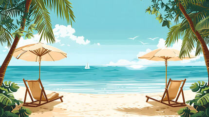 Fototapeta premium travel themed vector background tropical beach shades of sandy beige and ocean blue. a vector illustration of a tranquil beach scene with palm trees, turquoise waters, and sun loungers