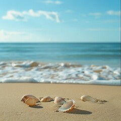 A peaceful empty beach with shells and smooth sand creates a relaxing scene. The summer sea is in the background, and there's ample copy space. 