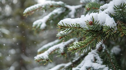 Close-up of snow-covered pine tree branches against blurred background