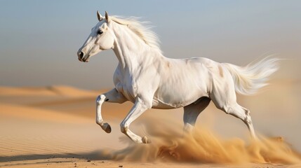 a white horse galloping in a desert.AI generated image