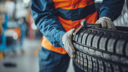 Fototapeta premium A technician in workwear, holding a wrench and a car tire for fitting tire